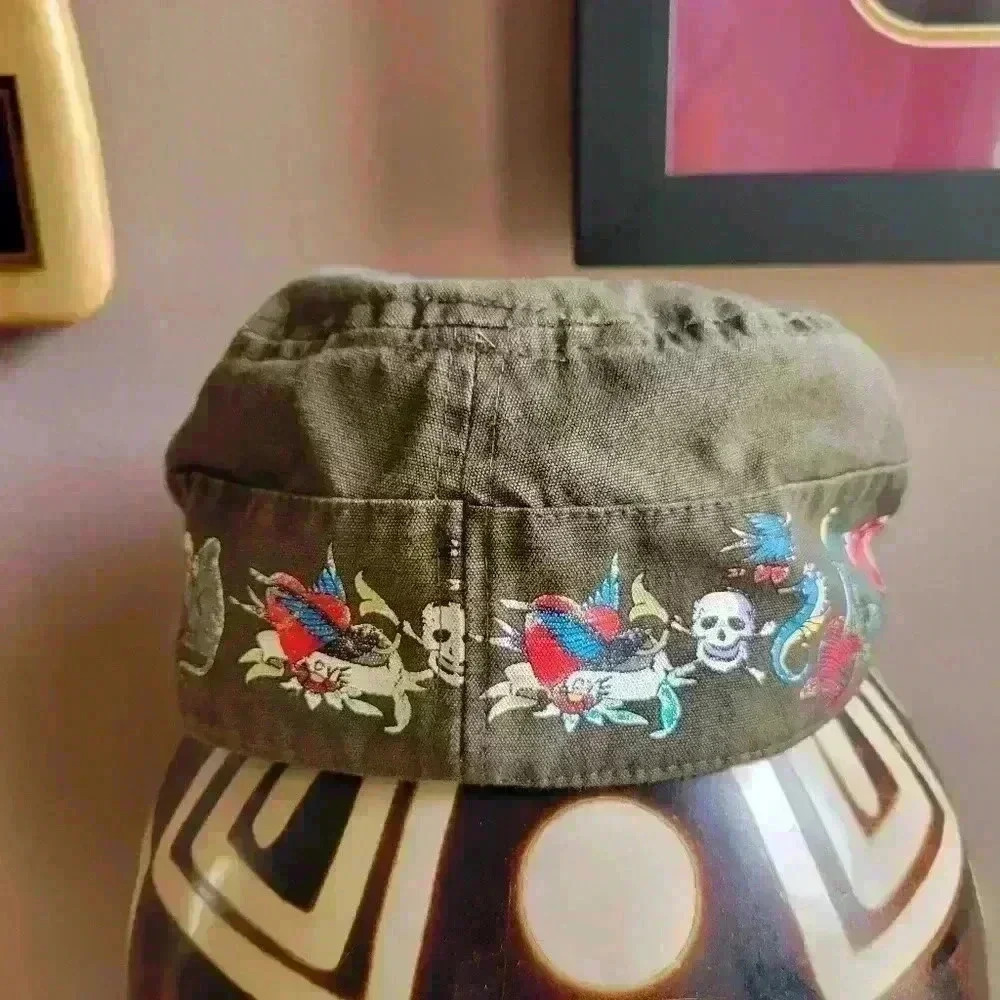 Women Military Cap Light Brown Monkey Butterfly Flowers Hart Seahorses Skulls - Picture 4 of 9